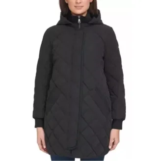 DKNY Women's Long Puffer Detachable Hooded Wind Resistant Jacket