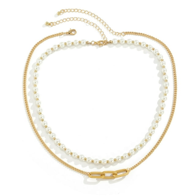 Trayknick Men Necklace Decorative All-match Double-Layered Geometric Imitation Pearl Choker Necklace for Daily Wear