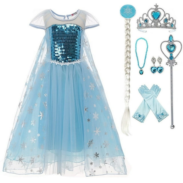 HAWEE Robe de Costume de Princesse Elsa à Paillettes pour Filles Reine des Neiges avec Accessoires