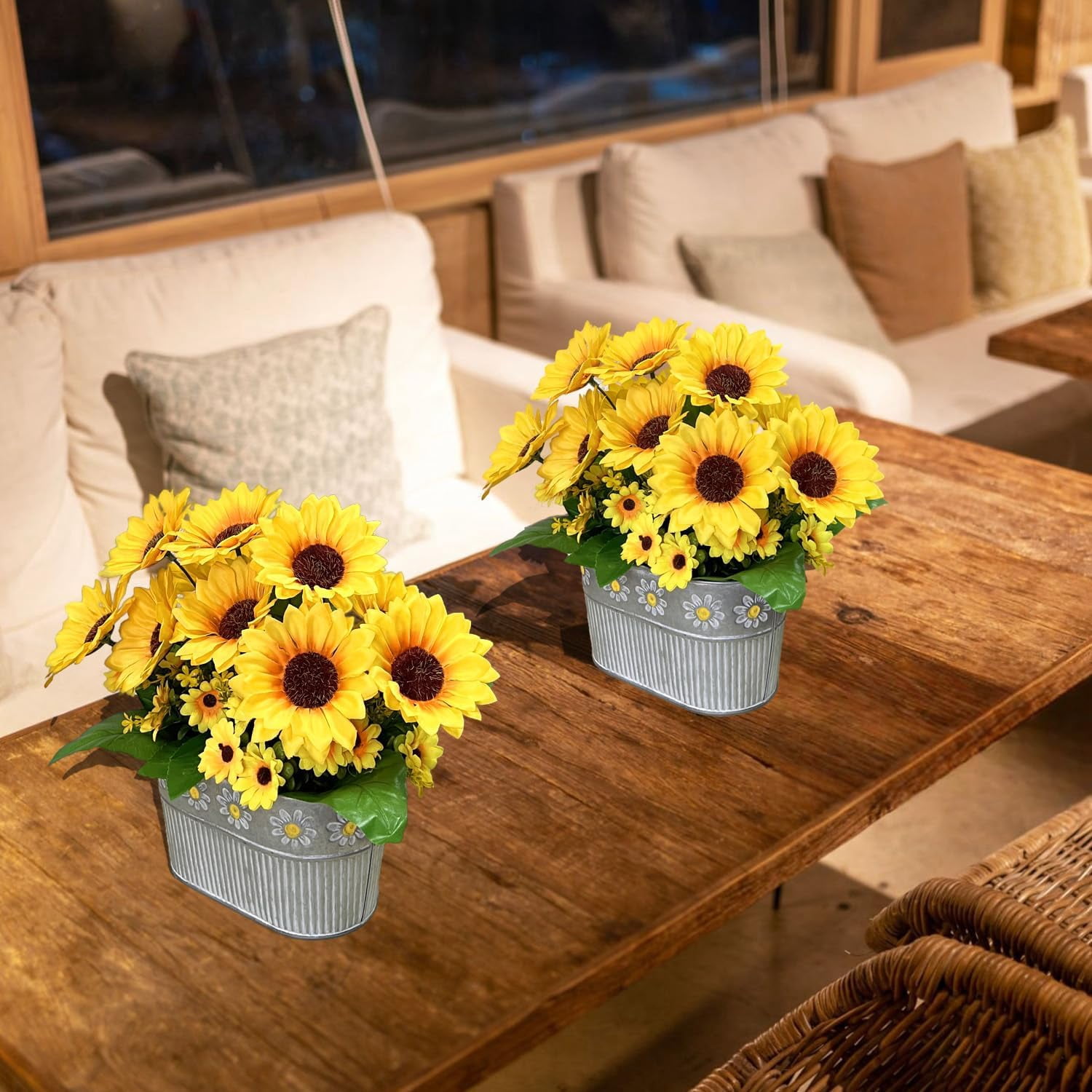 Fake Sunflowers in Pot, Faux Silk Flowers Floral Table Centerpiece tion, Rustic Potted Greenery for Farmhouse Home Décor