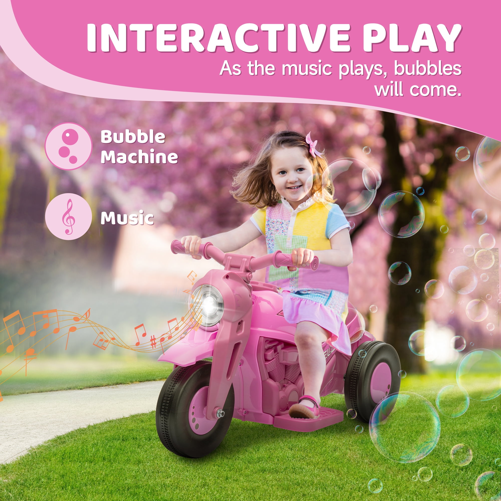 Qaba Ride on Motorcycle, 6V Ride on Bubble Car, 3 Wheeled 2 MPH Electric Motorcycle for Kids w/ LED Headlight, Music, Forward & Reserve, Pink