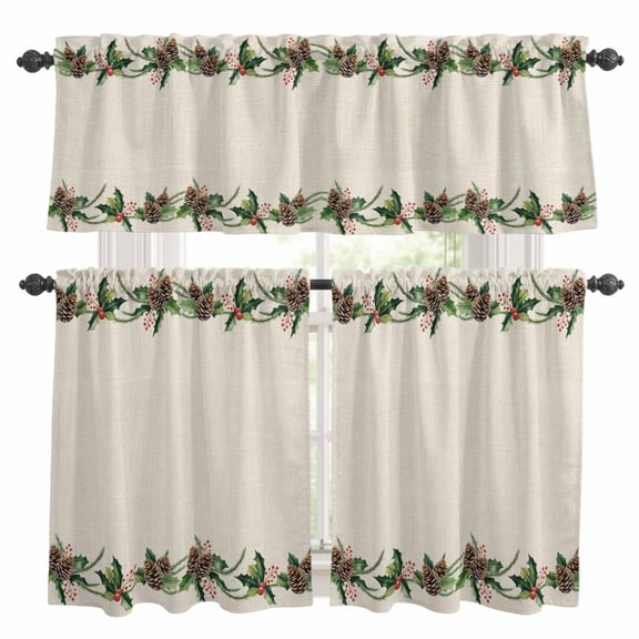 Green Pine Cone Kitchen Curtains Sets for Windows 24 Inch Length, Christmas Winter Plants Retro Beige Rod Pocket Window Treatments Tier Curtains and Valances Set for Bedroom/Bathroom