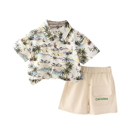 

Shiningupup Toddler Baby Boy Clothes Shorts Set Coconut Trees Cactus Print Shirt Short Sleeve Button Down Top Solid Shorts Summer Outfit Boy 0 3 Months