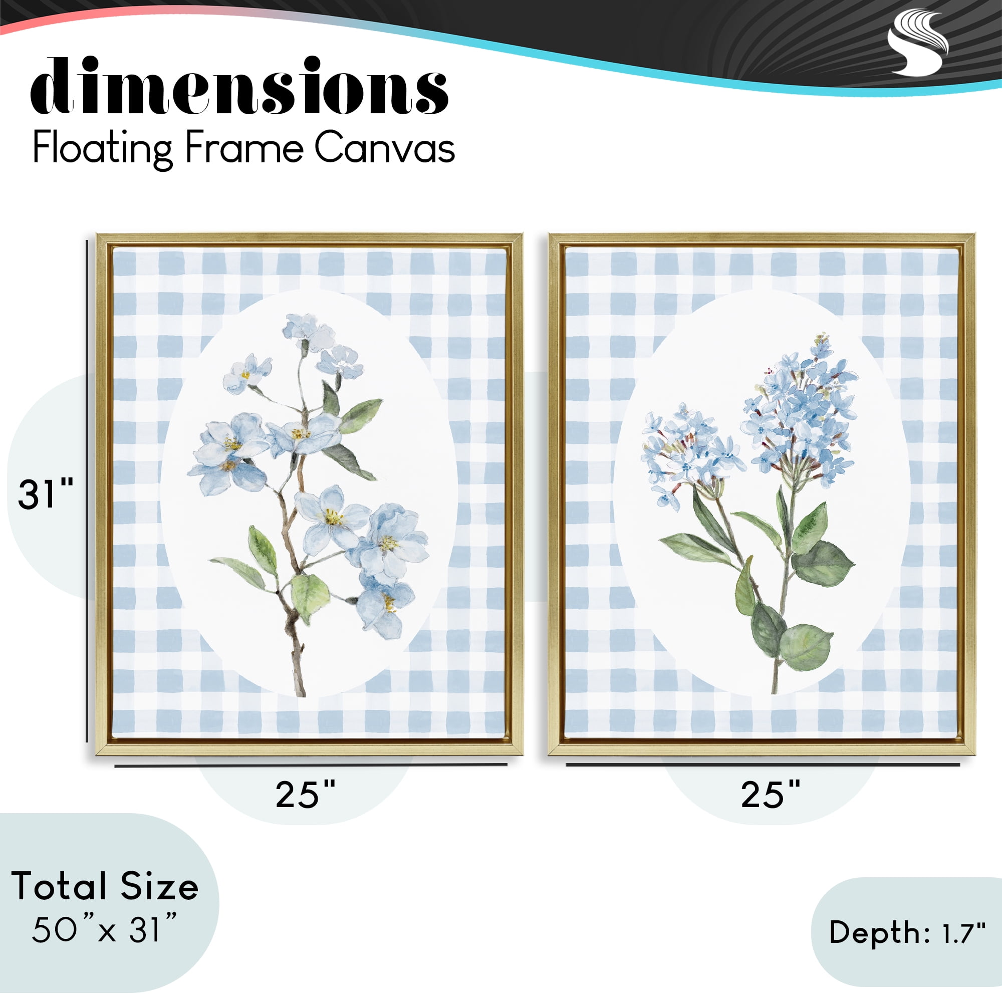 Stupell Industries Blooms on Blue Checkered 2 Piece Gold Framed Floater Canvas Set, design by Lanie Loreth