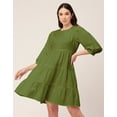 thumbnail image 3 of Moomaya Solid Flared Dress For Women Round Neck Long Sleeves Tiered Short Summer Dress, 3 of 8