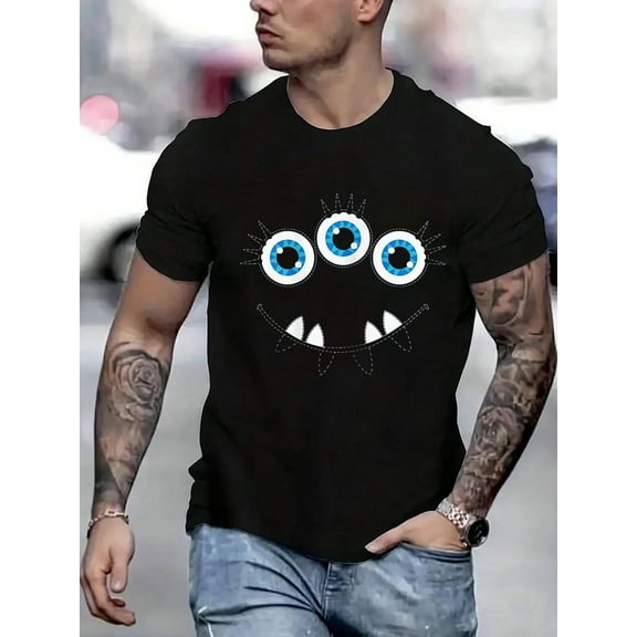 100 Cotton Graphic Tees Three Eyed Face Cute Spooky Halloween Eyeballs T-Shirt Crew Neck Short Sleeve T-Shirt, Casual Print Graphic Cotton Tees Men Tops