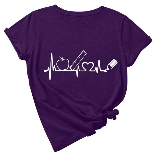 Camiseta de manga corta con estampado bonito para el día del maestro y cuello redondo suelto a la moda para mujer Pompotops hfajkhk137934