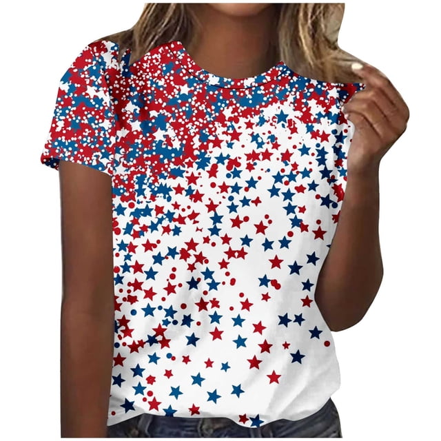 Craaazy T-Shirt Graphique Décontracté pour Femmes, Coupe Ample, Col Rond, Manches Courtes, Blanc, Imprimé Drapeau des États-Unis - Cadeaux Patriotiques du 4 Juillet
