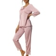 thumbnail image 4 of INSPIRAR CHIC Conjuntos de Pijamas de Dos Piezas para Mujeres, Top de Manga Larga de Encaje de Seda con Pantalón, Ropa de Dormir Suave, Ropa de Casa, Rosa Claro XS, 4 of 6