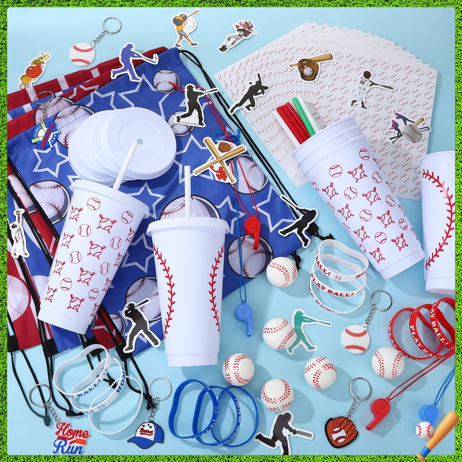 sixwipe 99 Pcs Baseball Party Favors, Baseball Goodie Bag Stuffers with Mini Stress Balls, Baseball Party Cups, Keychains, Stickers Bulk for Baseball Themed Birthday Party Supplies, Classroom Reward