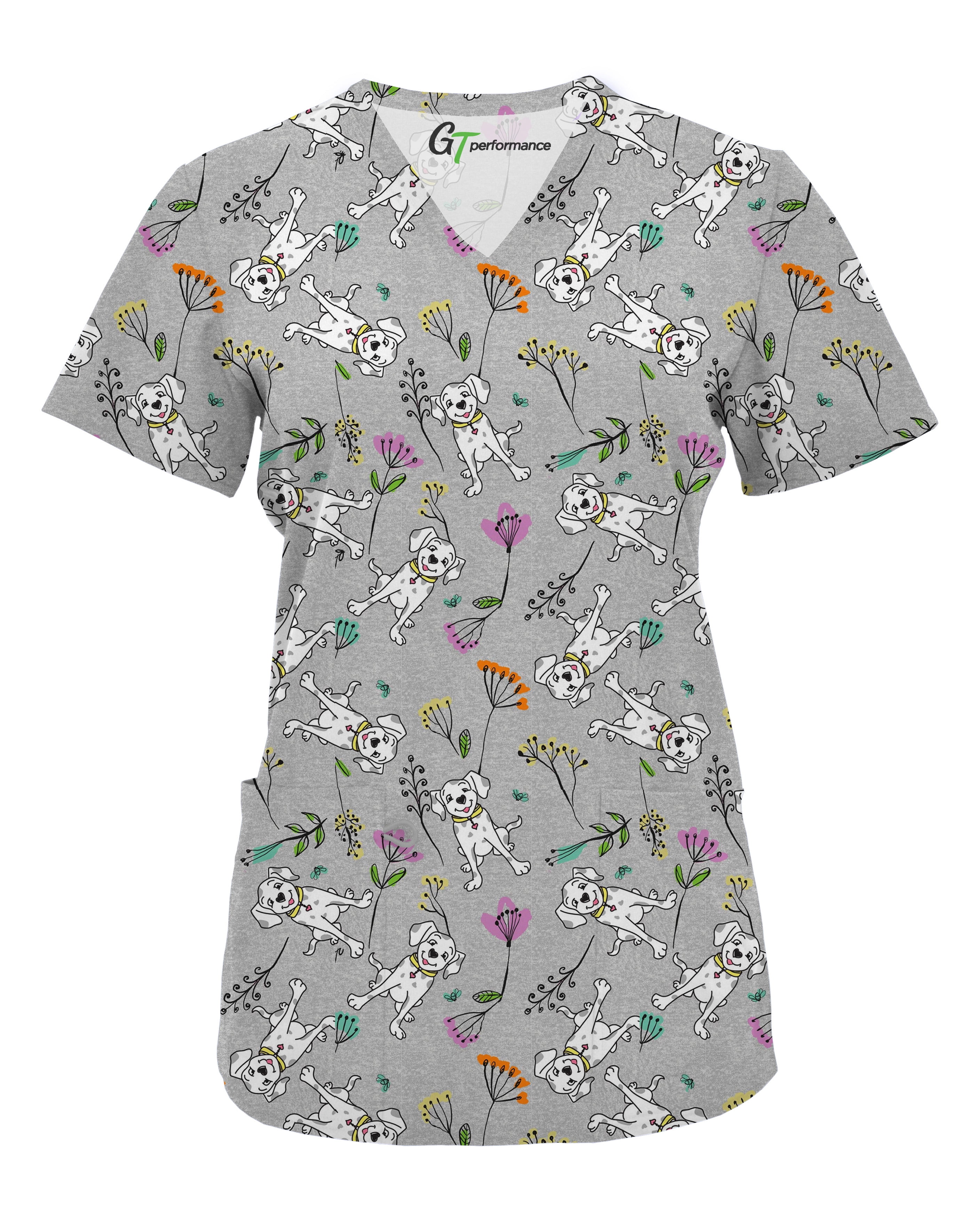 Womens Medical Nursing Print Scrub Uniform Top GT Performance-Dalmation Floral-Large