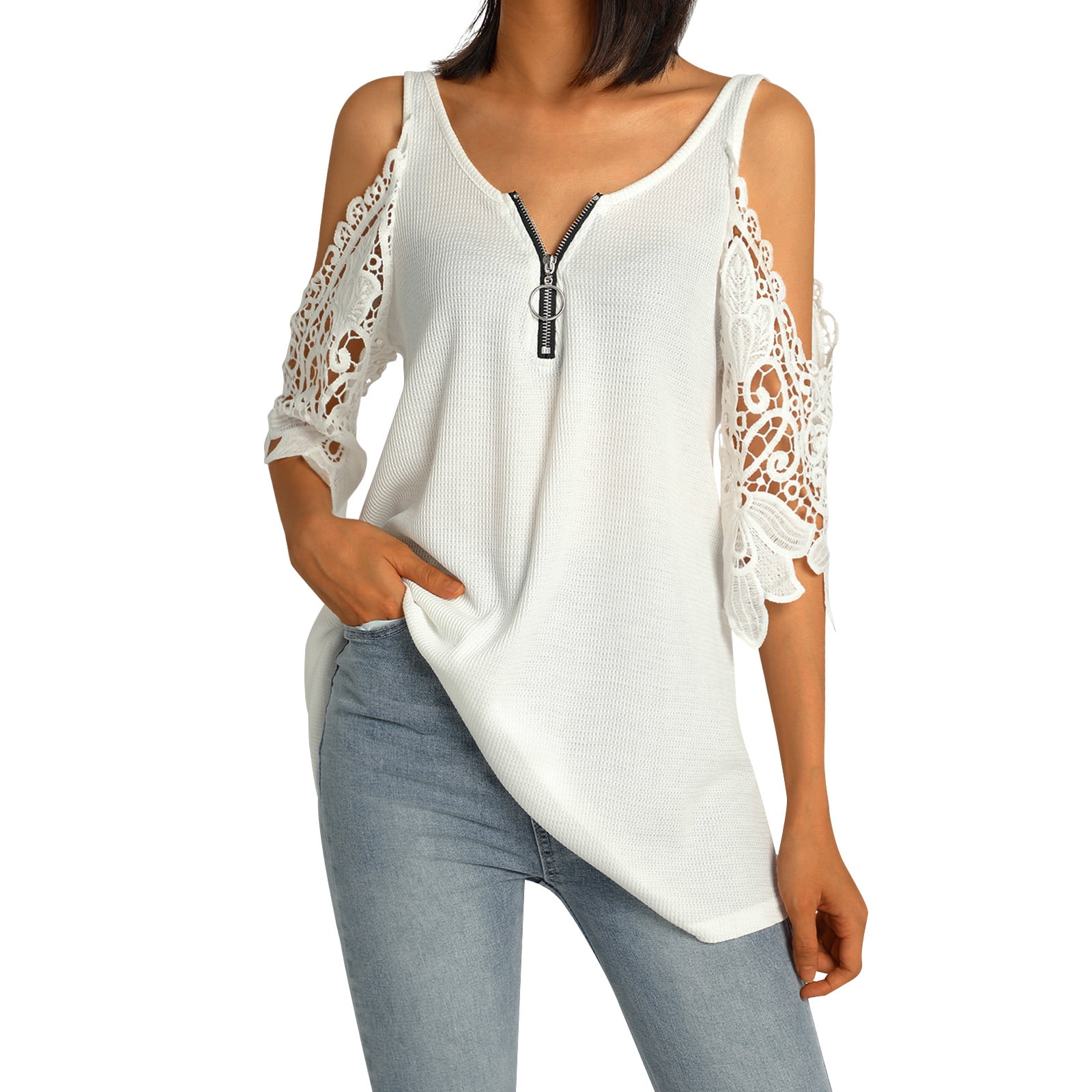 Women's Cold Shoulder Tops Summer Casual Short Sleeve Lace Loose Shirts Blouses