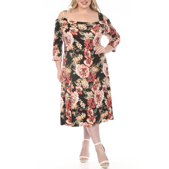 White Mark Women's Plus Size Cold Shoulder 3/4 Sleeve Dress