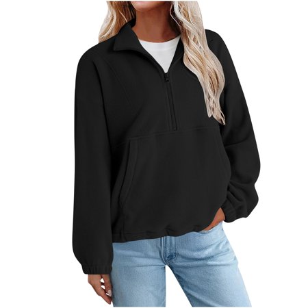 Fnooota Women s Fleece Sweatshirts Pullover Half-zip Lapel Collar Casual Long Sleeve Tops Black Size XL