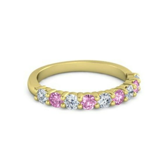 925 Sterling Silver Round 2.5MM White Cz Pink Spinel Eternity Yellow Plated Ring
