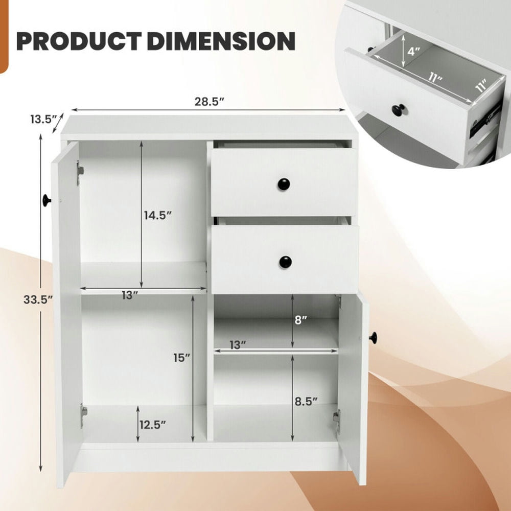 Finihen Storage Cabinet, Floor Cabinet, 2-Door Free-standing Kitchen Sideboard with Adjustable Shelves, for Bathroom, Living Room, Bedroom, Kitchen, White