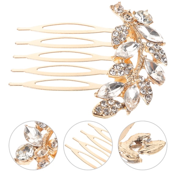 HEMOTON 1Set Golden Rhinestone Leaf Shape Hair Comb for Women Wedding Bridal Accessories