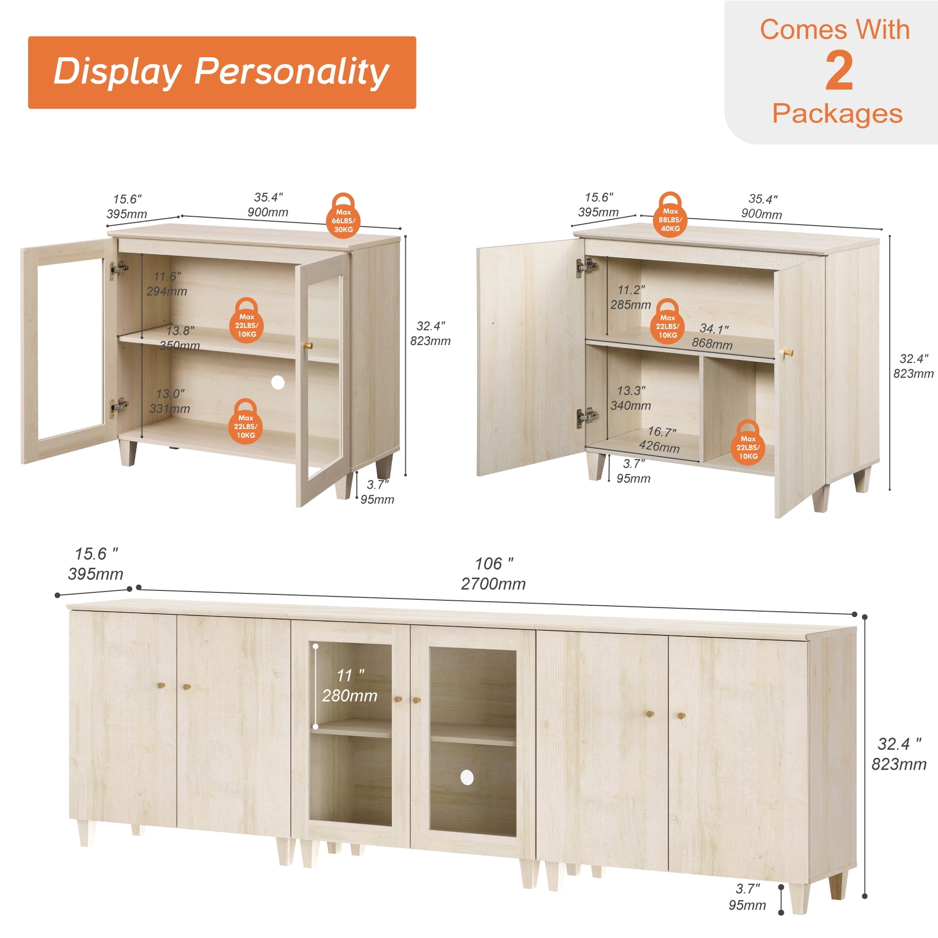 Modular Buffet Cabinet Sideboard With Glass and Wood Doors, Adjustable Shelves and Cable Management For Kitchen Dining Room, 106" W, White Oak Wood