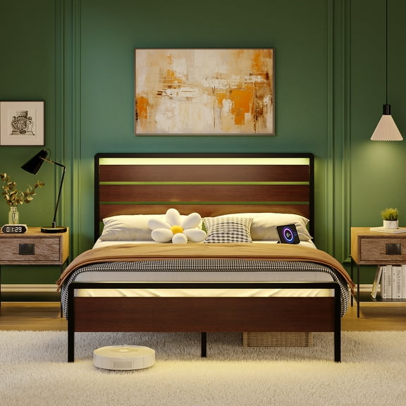 Ktaxon Queen Size Bed Frame with LED Headboard & Footboard, Metal Platform Bed with Charging Station, Rustic Red Brown
