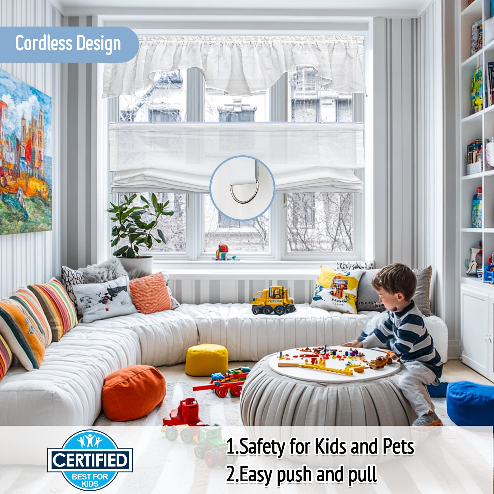 Keego No Drill Top Down Bottom Up Roman Shades for Windows Shades Light Filtering Cordless Roman Shades, Sheer Roman Window Blinds for Home (White, 27"W x 36"H)