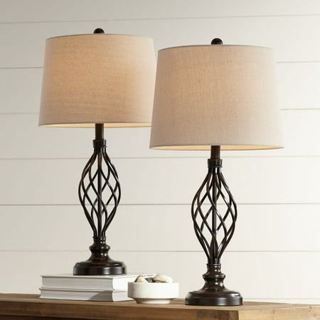 franklin iron works traditional table lamps set of 2 bronze iron scroll  tapered cream drum shade for living room family bedroom
