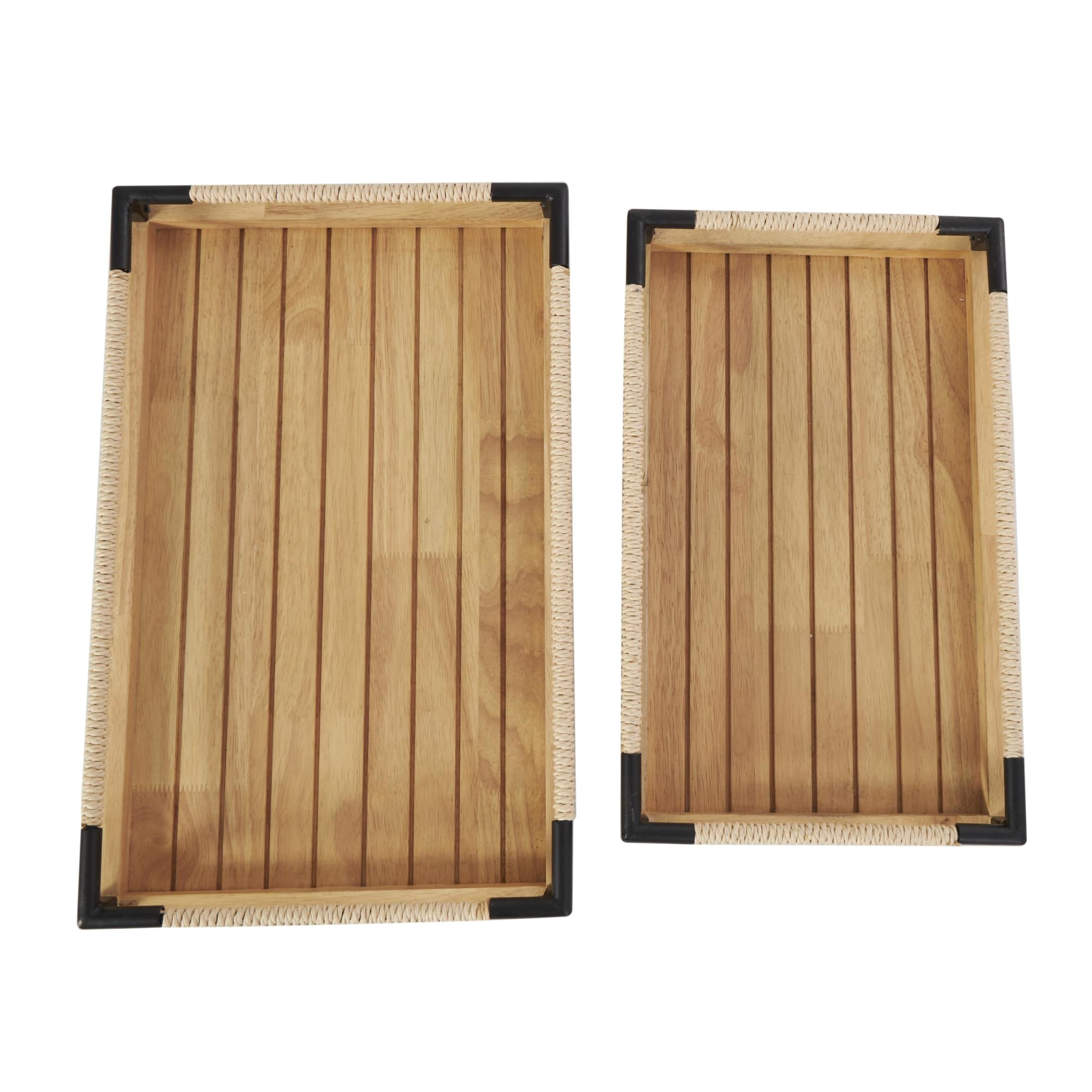 DecMode 19", 16"W Brown Wood Slatted Tray with Elevated Woven Sides and Black Metal Corners, 2-Pieces