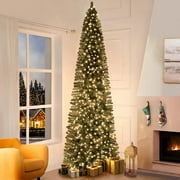 Vienna 9ft Prelit Slim Artificial Christmas Tree with 1455 Branch Tips, 500 Warm Lights and Metal Stand, 37" wide Realistic Skinny Pencil Christmas Tree with Lights by Naomi Home