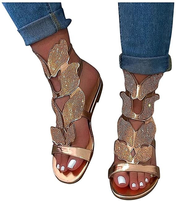 Sandals for Women Dressy,Women Gladiator Sandals Butterfly Flat Summer Strappy Crystal Open Toe Knee High Flat Sandal 