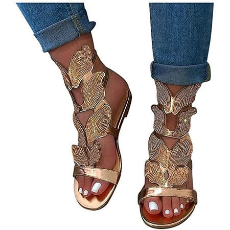

Ladies Women Butterfly Rhinestone Diamond Flat Summer Glitter Sandals Shoes