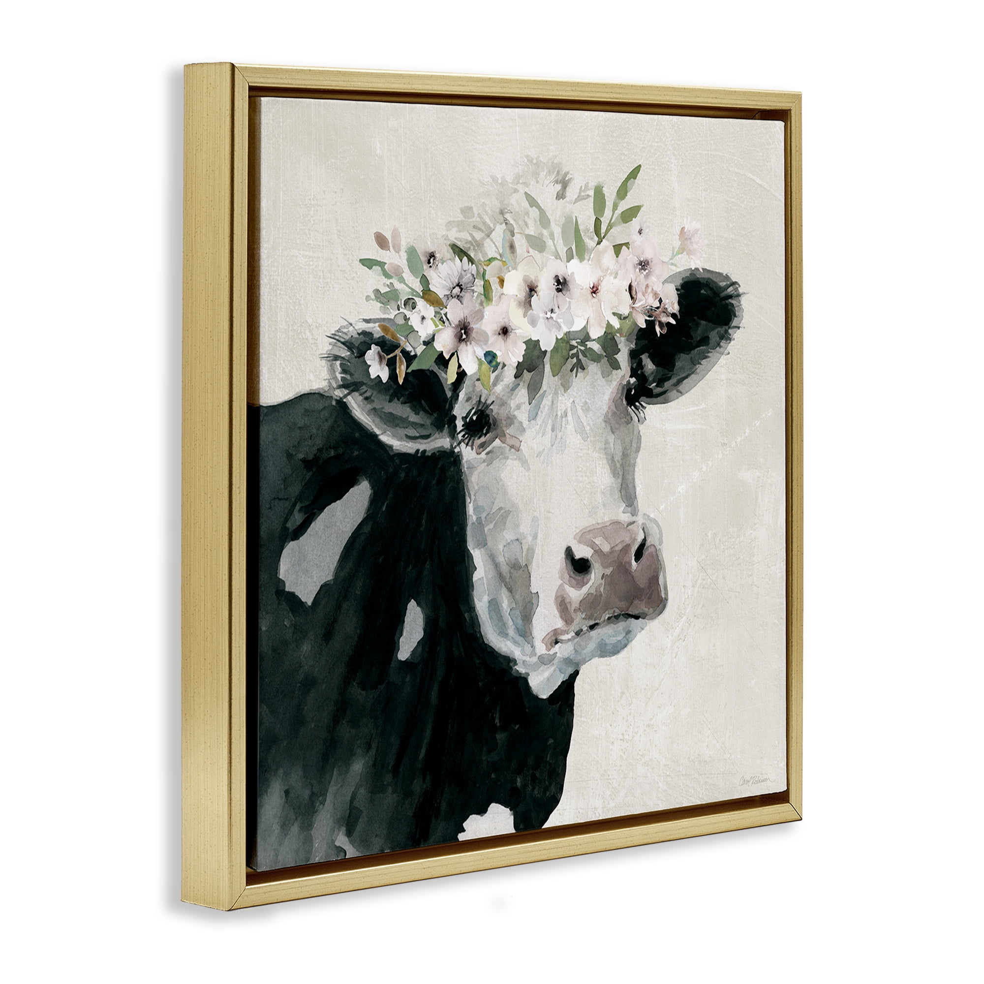 Stupell Industries Gazing Cow with Florals Animals & Insects Painting Gold Floater Framed Canvas Art Print Wall Art, 25 x 25