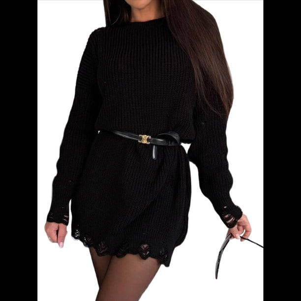 Vestido Tipo Suéter de Punto con Cuello Redondo de Color Liso para Mujer, Minivestido Retro. Negro M