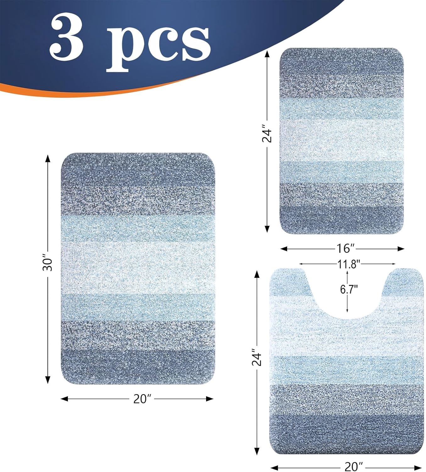 Bathroom Rugs Sets 3 Piece, Soft Absorbent Microfiber Bath Mats and U-Shaped Contour Toilet Rug, Machine Wash Dry, Plush Shaggy Bath Mat Set for Bathroom