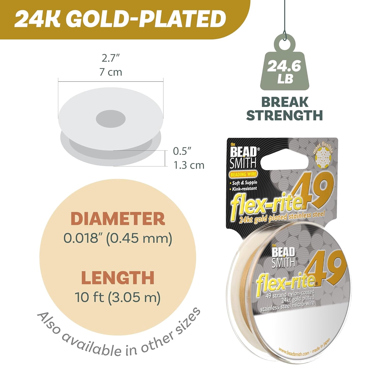 The Beadsmith Flex-Rite Beading Wire - 49-Strand, 0.018" (0.45 mm) Dia, 24k Gold-Plated, 10 ft