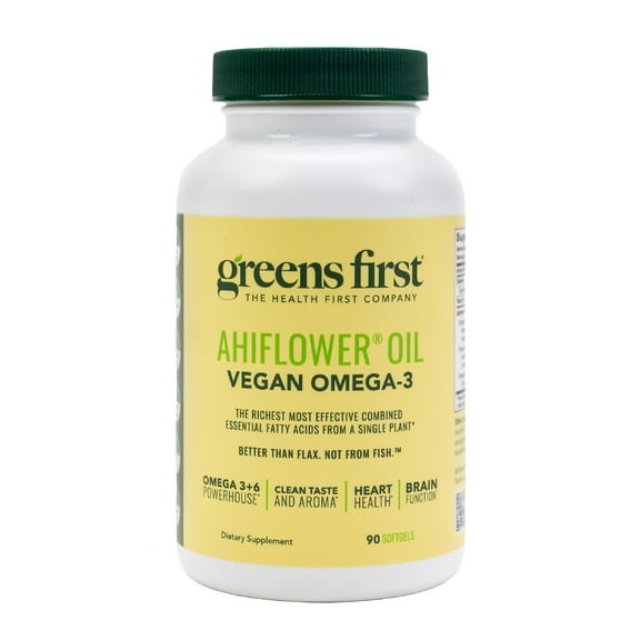 Greens First Ahiflower Oil Plant-Based Omega-3 Supplement – Vegan Omega-3 to Support Brain, Immune, Joint & Heart Health - Essential Fatty Acids - Gluten-Free/Dairy-Free/Soy-Free (90 Softgels)