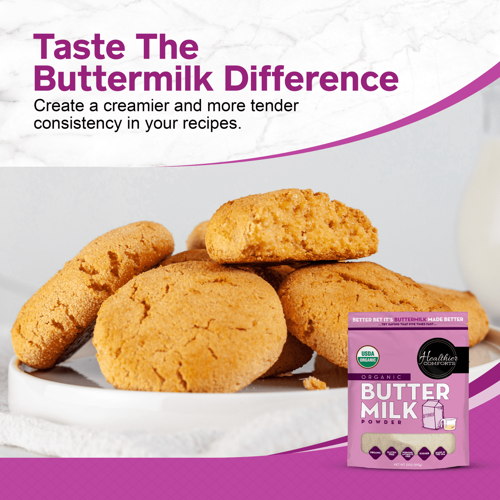 Healthier Comforts Organic Buttermilk Powder 21oz | USDA Certified, Kosher, Gluten Free, Non-GMO | Baking Supplies, Biscuits & Gravy, Mini Pancakes