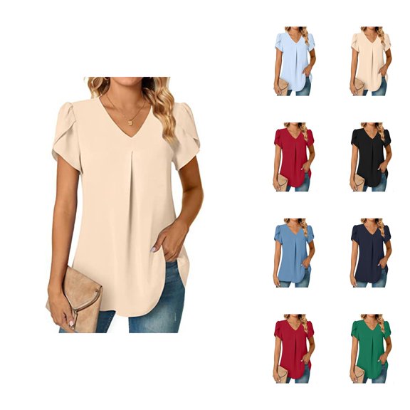 Womens T Shirts Summer Tops 2025 Solid Color V-Neck Short Sleeve Pleat Tunic Stylish Tees Tshirts Shirts for Women