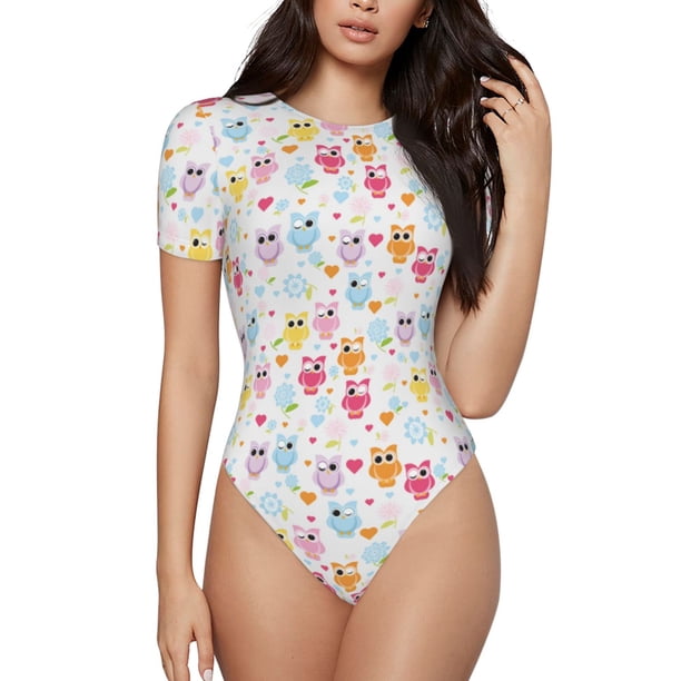 Fotbe Cute Owl Body de Mujer con Cuello Redondo y Mangas Cortas, Sin Mangas Ajustado, Suave, Cómodo y Básico-Small