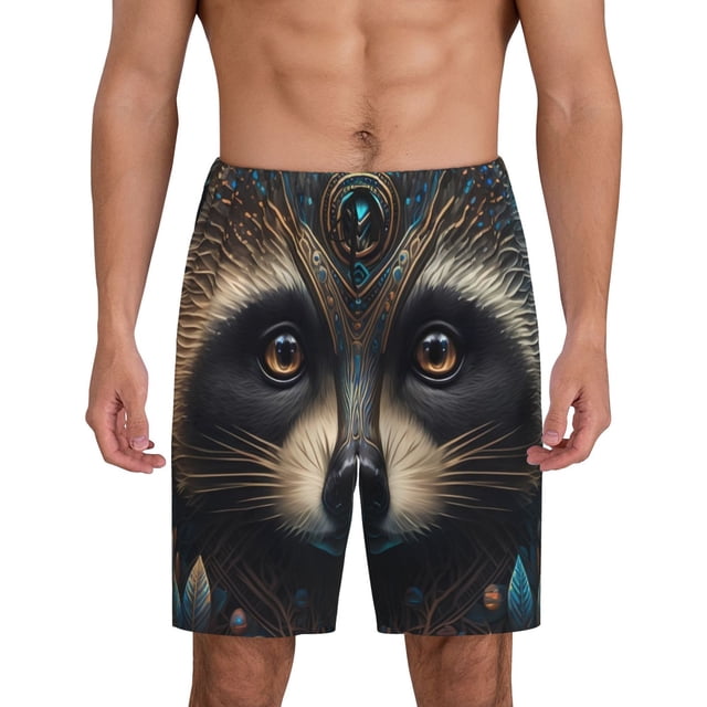 Balery Tribal Style Raccoon Pantalones cortos de pijama de punto de algodón para hombre con cinturilla y bolsillos-3X-Large