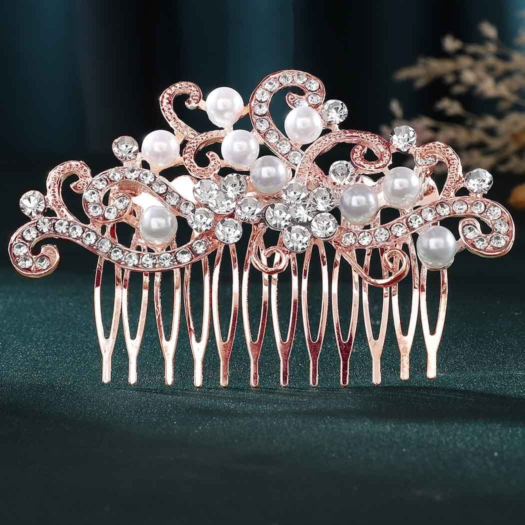 Bride Wedding Hair Comb Rhinestones Bridal Hair Accessories Pearl Hair Piece Decorative Hair Clip for Women and Girls(Rose Gold)