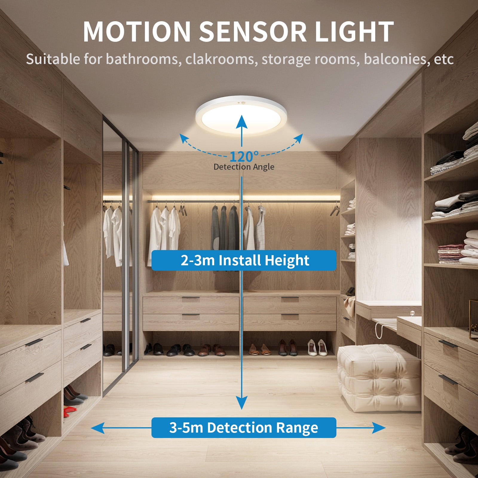 Motion Sensor Ceiling Light Indoor Wired PIR, 2700/3000/3500/4000/5000K, LED Closet Lights Motion Sensored 7 in,12W, Timer, Motion Activated Flush Mount Ceiling Light for Hallway,Pantry