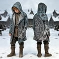 thumbnail image 2 of Kids Medieval Viking Printed Hooded Long Cloak Coat Boys Open Front Mid Length Outerwear Halloween Casual Street Jacket 2 Years To 15 Years, 2 of 6