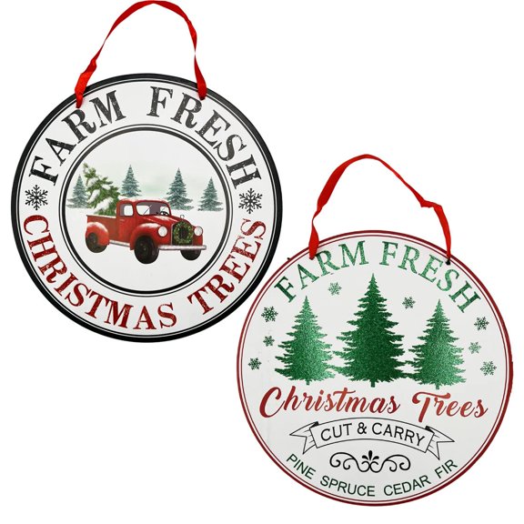 Christmas Holiday Farmhouse Christmas Decoration Hanging Sign - Farm Fresh Tree and Red Truck 12 inch (Set of 2)