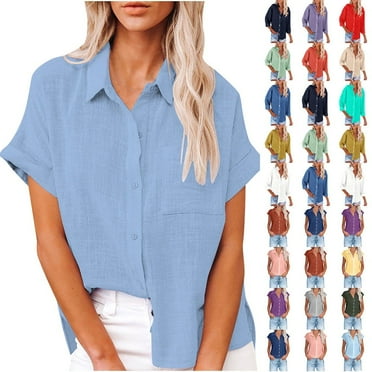 Summer Savings Fatuov Womens Button Down Shirts Summer Cotton Linen Short Sleeve Plus Size Tops for Beach Solid Color Turndown Collar Casual Blouses Purple