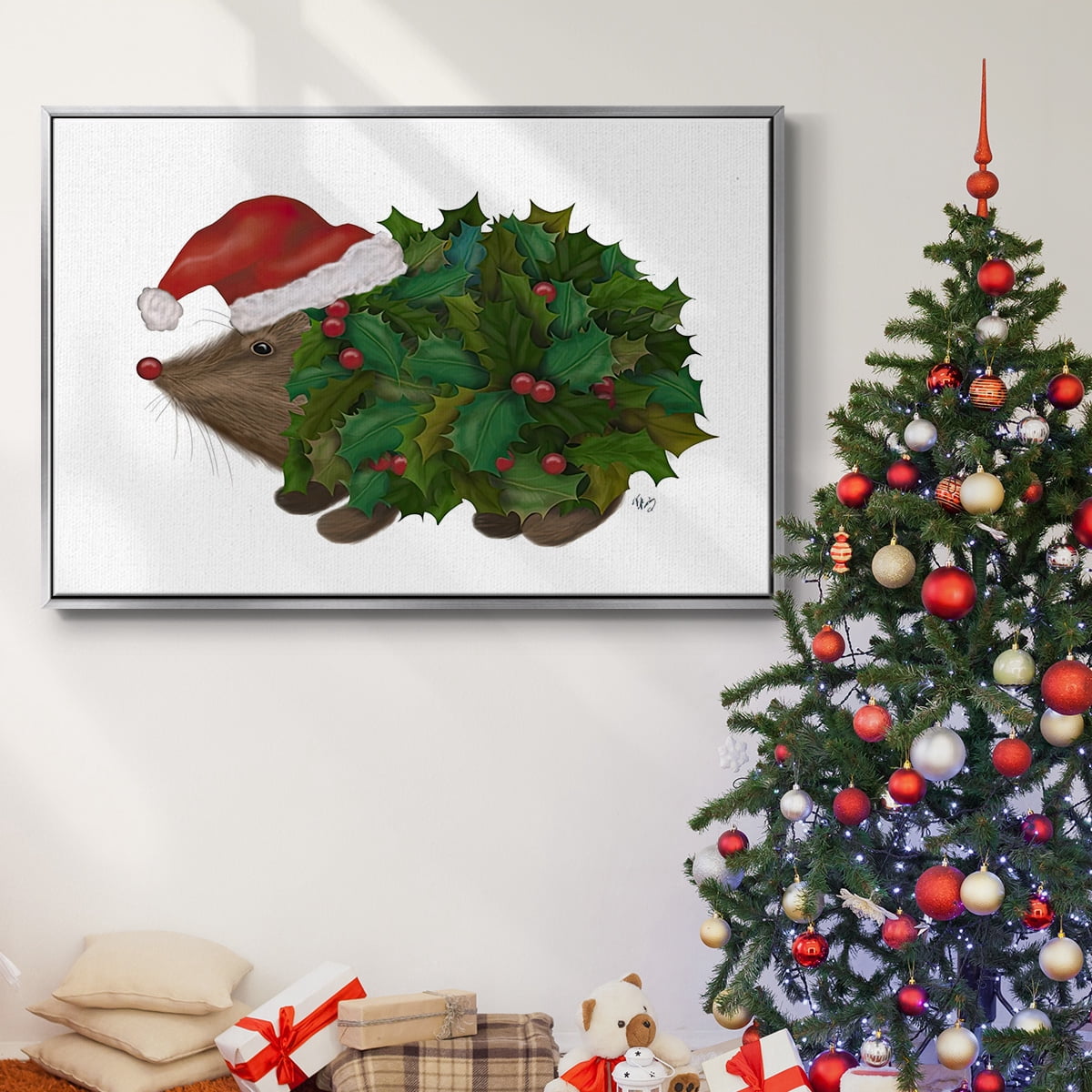Christmas Holly Hedgehog - Framed Gallery Wrapped Holiday Canvas - 17 x 25 - Silver Frame
