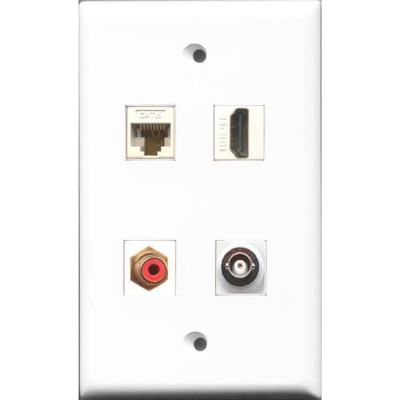 RiteAV 1 Port HDMI and 1 Port RCA Red and 1 Port BNC and 1 Port Cat6 Ethernet White Wall Plate