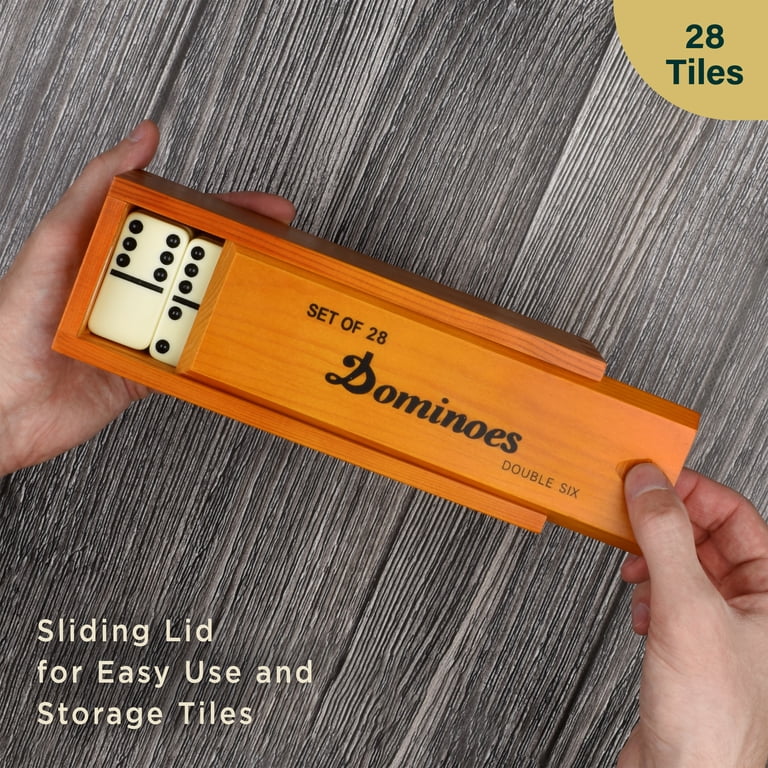 Queensell, Dominoes Set, Jumbo Double 6, 28 Tiles, Brown Wood Case