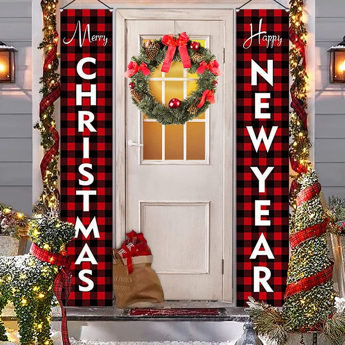 Christmas Decor Dual Sided Porch Sign Country Merry and Home Sweet Home with Buffalo Plaid Holiday Decor