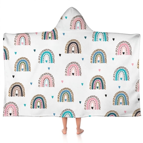 White Boho Bohemia Rainbow Leopard Hearts Pattern Hooded Bath Towel,50"x30" for Ages 3 To 12 Kids, Quick Dry Lightweight Soft Microfiber Hood Beach Towel Cover Up for Kids