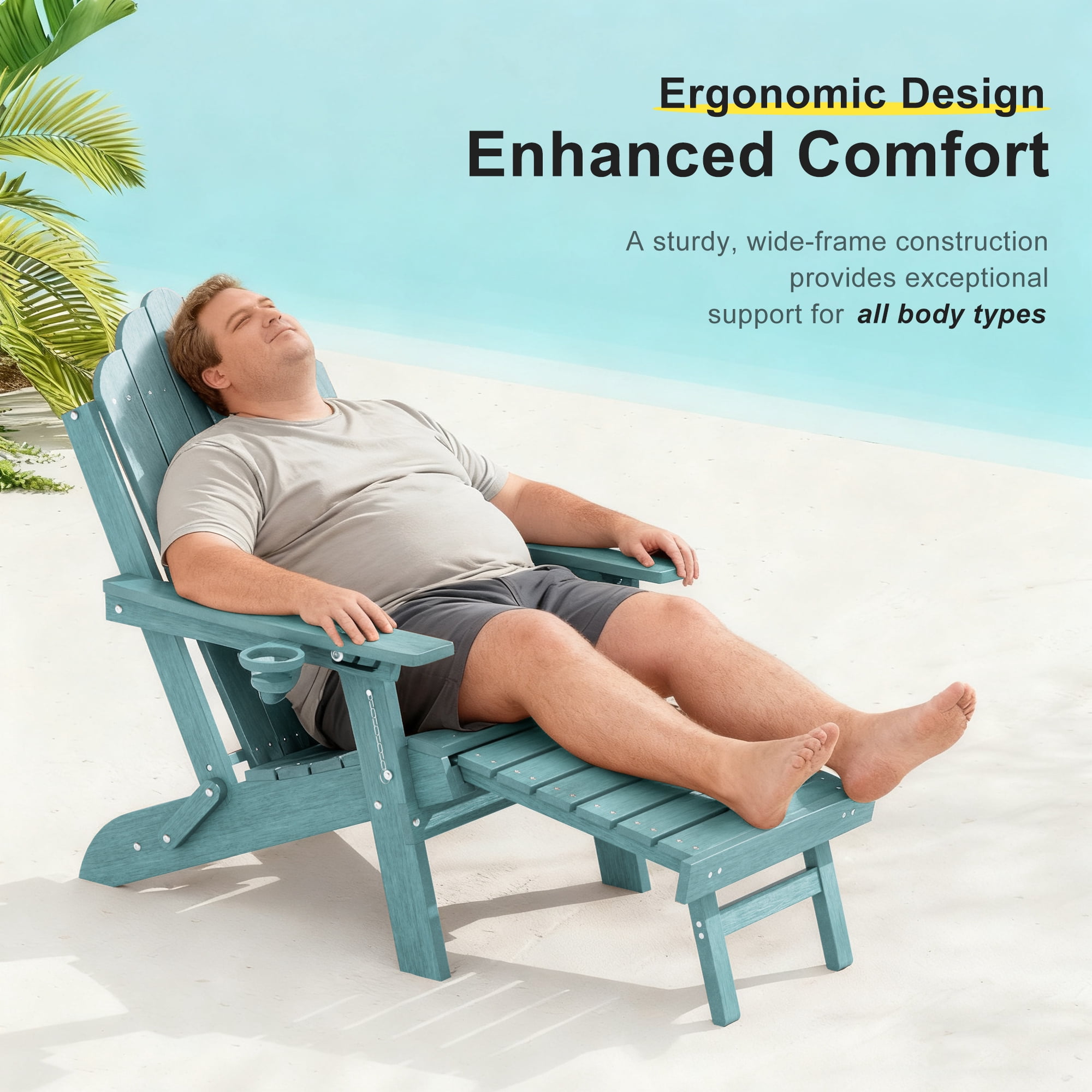 ACEGOSES Foldable Outdoor Adirondack Chair with Cup Holder, 3-Position Adjustable HDPE Plastic for Patio, Fire Pit, Deck, Lake Blue