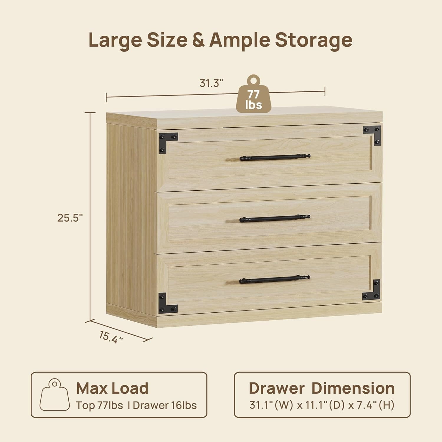 SICOTAS 31.3" Wide Farmhouse 3 Drawer Nightstand Set of 2, Oversized Bedside Table with Black Handles, Dresser Nightstand with Large & Deep Drawers, Wood End Table for Bedroom, Living Room, Beige